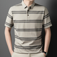 老爺車(chē)（LAOYECHE）夏季男短袖t恤翻領(lǐng)純棉中年寬松商務(wù)休閑條紋POLO保羅衫服爸爸裝 FL-6167煙灰 M