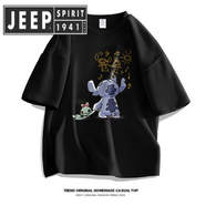 JEEP SPIRIT吉普玫瑰潮牌寬松短袖情侶青少年半袖體恤 黑色(史迪仔) L