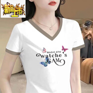 初徑棉白色雞心領(lǐng)短袖t恤女夏季正肩2025新款寬松顯瘦遮肚運動(dòng)上衣 蝴蝶英語(yǔ) 棉 M 建議80-100斤