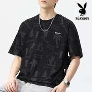 花花公子（PLAYBOY）冰絲短袖T恤男士2025新款夏季半袖男款上衣服情侶裝寬松男生男裝 J803黑色 XL 【130-150斤】