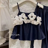 COLORFUL GEMS女童夏季韓版吊帶套裝寬松背心中大童兩件套 深藍色 花邊吊帶 M 130c