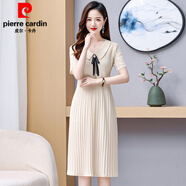 皮爾卡丹（pierre cardin）蕾絲短袖百褶裙夏季新款中年老年顯瘦媽M媽時(shí)尚洋氣大尺碼雪紡連 米色 2XL (建議115-130斤)