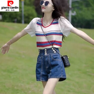 初徑2025新款年夏季新款氣質(zhì)針織雪紡短袖拼接上衣女牛仔A版短褲兩件 紅色針織衫+牛仔短褲【兩件套】 M 建議85-100斤