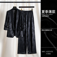 珂芙妍醋酸半袖西服女夏季薄款新中式國風(fēng)緞面黑色西裝套裝休閑褲子闊 全醋酸/夏季 薄款 L /120斤