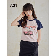 A21女裝修身短袖T恤夏季美式撞色設(shè)計(jì)感上衣打底衫 淺粉紅 L