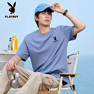 花花公子（PLAYBOY）純棉短袖T恤男半袖服夏季新款純色百搭純色上衣情侶體恤衫 藍色短袖T （花花公子） 4XL 【165-180斤】