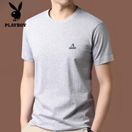 花花公子（PLAYBOY）2025夏季新款100%新疆純棉短袖t恤男圓領(lǐng)印花半袖體恤打底衫 淺灰 M 165