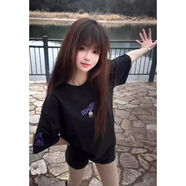 美式高街字母火焰刺繡短袖t恤女夏季新款寬松情侶裝純棉半袖上衣 黑色 M