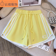 君瑞思2025夏季新款韓系蕾絲拉條運動(dòng)短褲女寬松百搭淑女風(fēng)A字熱褲 黃色 S