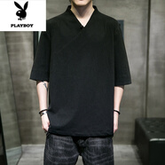 花花公子（PLAYBOY）亞麻短袖t恤男中國風(fēng)輕薄款開(kāi)衩夏季新中式漢服唐裝寬松棉麻半袖 黑 3XL