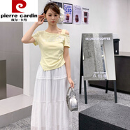 皮爾卡丹（pierre cardin）甜美減齡露肩短袖t恤高腰半身裙套裝女2025夏季新款純欲風(fēng)兩件套 淺黃色 兩件套 S 建議80-95斤