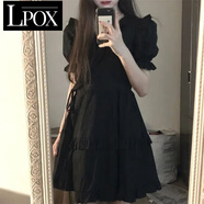 LPOX韓版復(fù)古氣質(zhì)小黑裙木耳邊娃娃領(lǐng)收腰顯瘦連衣裙女學(xué)生夏季a字裙 黑色[木耳邊款版] XL