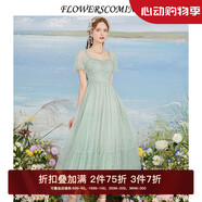 flowerscoming花兒開了2024夏季新款法式復古網(wǎng)紗印花連衣裙女修身中長款公主裙 淡綠色 L
