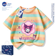 NASA STONE聯(lián)名庫洛米女童短袖T恤夏季2025新款變色亮片上衣服兒童純棉半袖 黃藍(lán)條紋 130