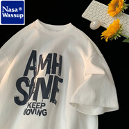 nasawassup重磅棉質(zhì)美式復(fù)古字母印花短袖T恤男女潮牌休閑ins寬松夏季打底衫 1133AMH字母白色 S