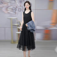 忻依美時(shí)尚連衣裙女2025春夏新款蕾絲牛仔短外套中長(cháng)款背心網(wǎng)紗裙兩件套 7760單件黑色背心裙 M 【80-105斤】
