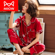 貓人（MiiOW）真絲睡衣女夏季桑蠶絲短袖長褲大碼寬松胖MM薄款冰綢絲家居服套裝 大紅色W3512 XL (建議120-140斤)