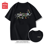 名創(chuàng  )優(yōu)品（MINISO）牛油果綠短袖t恤男夏季純棉上衣高級感衣服油畫(huà)山茶花印花半袖女 黑色(m花漾字胸標_大背標) XL 180 (不起球不掉色)