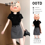 溫格芳 連衣裙女2025夏季新款韓系穿搭減齡時尚短裙小個子氣質(zhì)輕熟套裝 黑色上衣+灰色半身裙 S