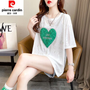 皮爾卡丹（pierre cardin）夏季新款冰絲短t袖恤女韓版寬松顯瘦重工燙鉆百搭燙金反光上衣潮 白色 M 建議【80-100斤】