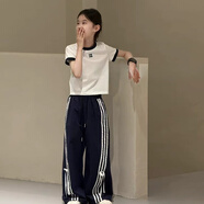 女童薄款褲子夏季2025新款中大童蝴蝶結(jié)速干工裝褲運(yùn)動(dòng)闊腿褲學(xué)生 套裝【T恤+藏青褲子】 160