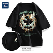 GENIOLAMODE短袖男純棉t恤夏季衣服青少年情侶裝時(shí)尚潮流ins寬松半袖 黑色(大和平之翼胸背標) S /165
