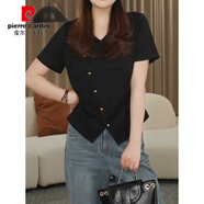 皮爾卡丹（pierre cardin）大碼女裝夏季不規則v領(lǐng)正肩短袖T恤微胖mm遮肉顯瘦別致半袖上衣 黑色正肩/衣服夏季女//淑女氣質(zhì) 4XL 建議172-190斤