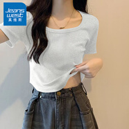 真維斯（JEANSWEST）t恤女士夏季2025新款方領(lǐng)短款緊身短袖女裝休閑時尚甜妹半袖上衣 淺花灰 純色 M 【螺紋下擺】