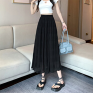 南糖三色法式甜美雪紡百褶裙女夏季2025新款高腰中長(cháng)款a字裙顯瘦半身裙子 黑色 (裙子有內襯) S 建議80-95斤