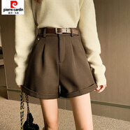 皮爾卡丹（pierre cardin）百搭休閑短褲女款夏季新款春秋小個子外穿高腰a字西裝闊腿褲 咖啡色【休閑短褲/短褲秋款女/短 S 配腰帶