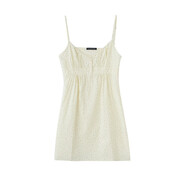 Brandy Girl新款bm紐扣碎花裙bm連衣裙美式小清新V領(lǐng)花邊吊帶裙女 米白色綠花 均碼