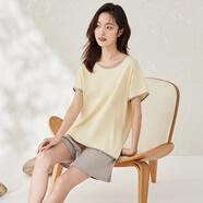 頂瓜瓜頂呱呱睡衣女夏純棉短袖可外情侶穿家居服套裝女水仙黃170
