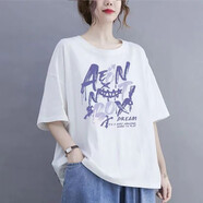 星爵霖純棉短袖t恤女2025夏季寬松遮肉顯瘦時尚減齡圓領字母印花半袖潮 白色 XL 建議140-160斤