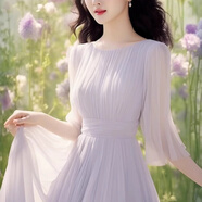 鳶諾2025新款香風絕美長裙雪紡海邊度假氣質(zhì)紫色壓褶連衣裙夏季 紫色 顏色偏深 M 建議91-105斤