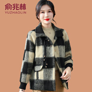 俞兆林（YUZHAOLIN）中年媽媽秋冬裝格子毛呢翻領(lǐng)上衣中老年女新款洋氣短款小香風(fēng)外套 黑色 3XL (參考120-135斤)