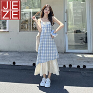JEZE夏季新款百搭假兩件拼接蕾絲小眾設計長(cháng)裙藍色格紋吊帶連衣裙女 【淺藍-格紋】【z】 S (建議95斤內)