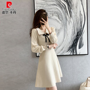 皮爾卡丹（pierre cardin）2025春秋新款ol風(fēng)淑女裝娃娃領(lǐng)針織連衣裙收腰a字裙內(nèi)搭打底毛衣 杏色 S