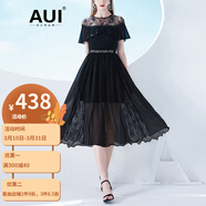 AUI 雪紡連衣裙女2024夏季新款黑色蕾絲設計感氣質(zhì)一字肩大擺長(cháng)裙 黑色 M