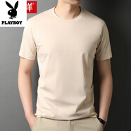 花花公子純棉圓領(lǐng)短袖t恤男士夏季半袖上衣中年休閑體恤寬松薄款打底衫男 淺卡其 M 165/105