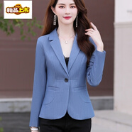 初徑短款小西裝外套女春秋新款韓版修身顯瘦小西服 牛仔藍 XL 建議100-110斤