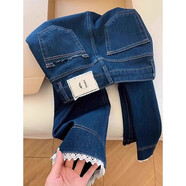 蜜莎蜜拉（Mirza Mirror）蕾絲花邊直筒牛仔褲女春夏新款大碼顯瘦遮胯梨形身材慵懶感九分褲 深藍色做甜酷女孩 L