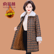 俞兆林（YUZHAOLIN）媽媽冬裝外套中長(cháng)款棉大衣大碼中老年女加絨加厚棉襖保暖棉服 330-桔色格 2XL (參考105-120斤)