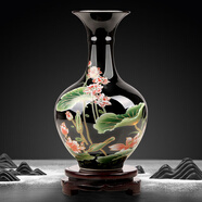 傲世景德鎮(zhèn)陶瓷器新中式花瓶工藝品客廳擺件酒柜玄關(guān)茶室博古架裝飾品 烏金釉清荷賞瓶+底座