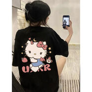 阿瑪瑟100%純棉美式潮牌kitty貓短袖t恤男2025春夏季寬松甜酷風插肩上衣 260克-黑 L