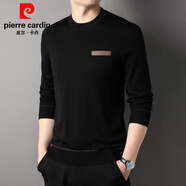 皮爾卡丹（pierre cardin）秋冬季羊毛毛衣男圓領(lǐng)真皮徽章羊毛衫潮流針織衫韓版打底衫 黑色 165/S