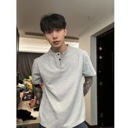 姿偉祺華夫格亨利領(lǐng)短袖恤男純色寬松潮牌體恤春夏 灰色 XL