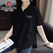皮爾卡丹（pierre cardin）夏季POLO衫女短袖休閑大碼不規(guī)則弧形下擺寬松顯瘦減齡翻領上衣服 2024黑色【C15-B34】2025 L 100-115斤