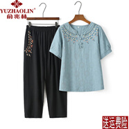 俞兆林（YUZHAOLIN）母親節(jié)中老年女裝2024新款奶奶套裝短袖t恤民族風(fēng)繡花媽媽裝夏季 藍色套裝 4XL 建議135-150斤