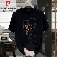 皮爾卡丹（pierre cardin）夏季新款痞帥潮牌印花寬松休閑重磅純棉短袖T恤青年男女百搭上衣 黑色【前中大圖K3056 兩個(gè)男孩點(diǎn) S 建議90-100斤