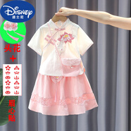 迪士尼（Disney）漢服女童夏款純棉襦裙國風套裝改良中式唐裝小女孩兒童公主裙古裝 粉色牡丹夏款尺碼偏小 收藏送頭 120 身高105cm左右